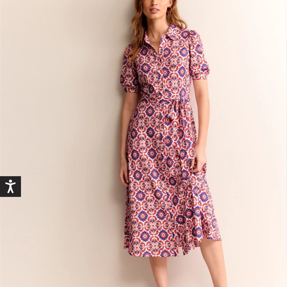 Boden Red Blue White Floral Print Midi Dress Size 16 18